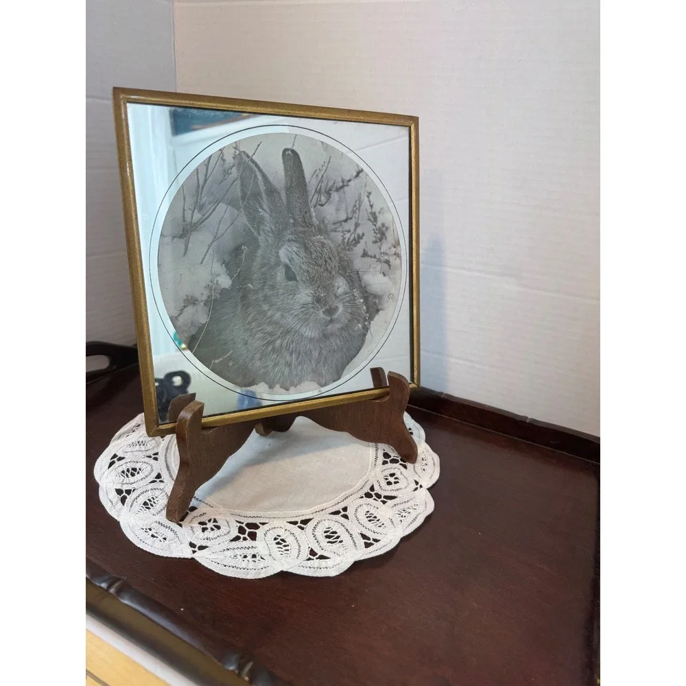 Vintage Etched Mirror Rabbit Art Gold Frame Bunny Snow Scene Nature Decor 8x8